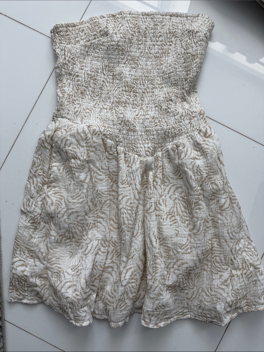 Universal Thread Strapless Smocked Mini Dress in Cream and Tan